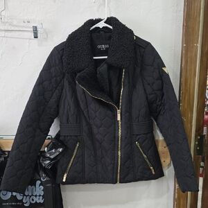 Guess Black Quilted Jacket with Sherpa Collar